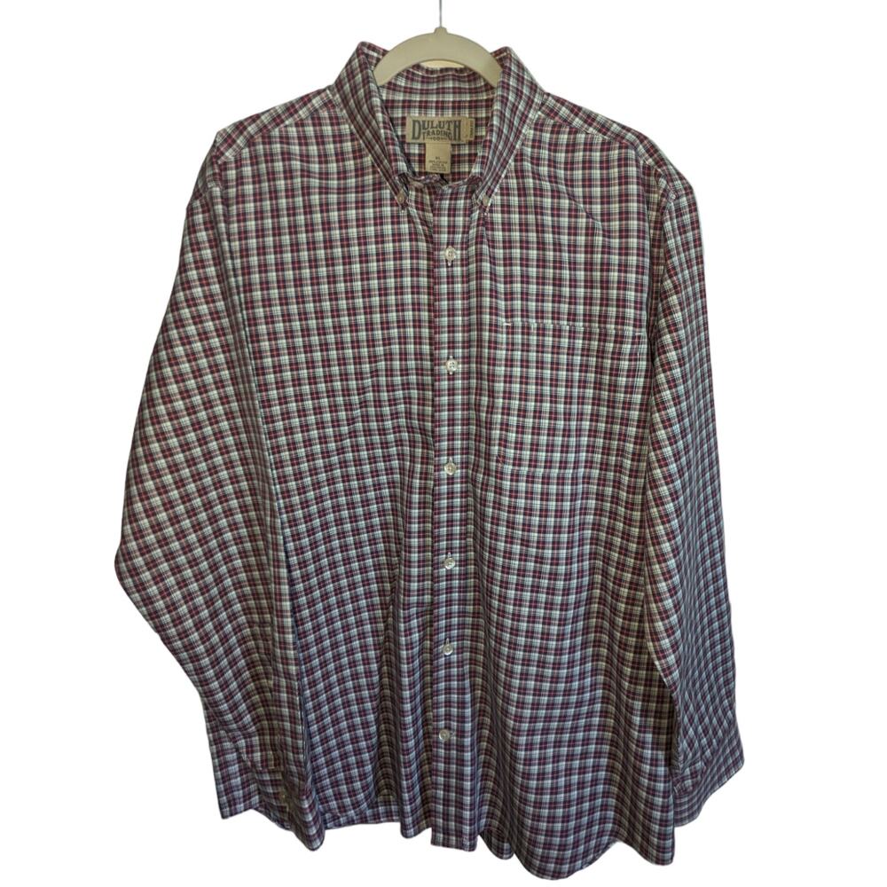 Duluth Trading Co. Mens XL Red‎ White Plaid Shirt Trim Fit Collar Long Sleeves